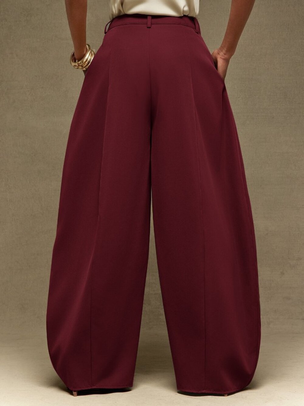 Burgundy Casual Women's Suiting High Waist Barrel Leg Pants - Picture 2 of 4
